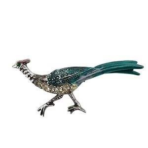 Vintage Silver Tone Teal Enamel Rhinestone Peacock Bird Brooch Pin Figural Art‎
